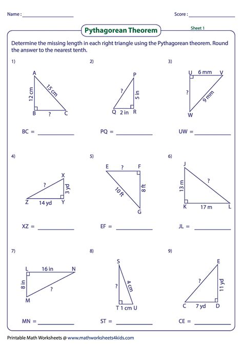 pythagorean theorem practice worksheet answers